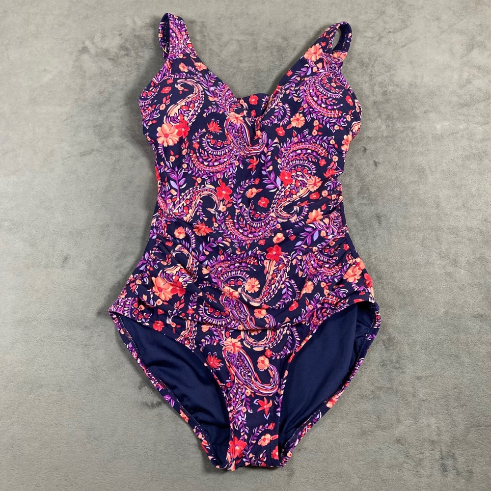 Lands End Womens Purple Paisley Floral One Piece Swimsuit Size S Ruched V-Neck